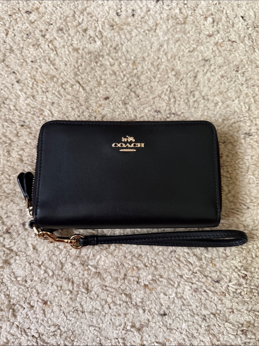 COACH Black Leather Wristlet Wallet with Gold Logo